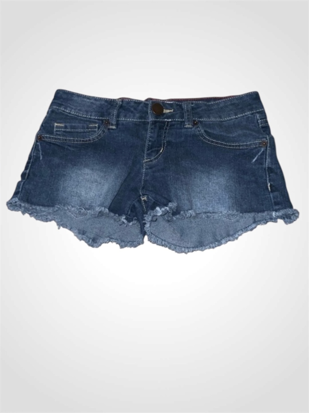 No Boundaries Medium Washed Stretchy Fringe Hem Blue Jean Shorts Jr. 3
